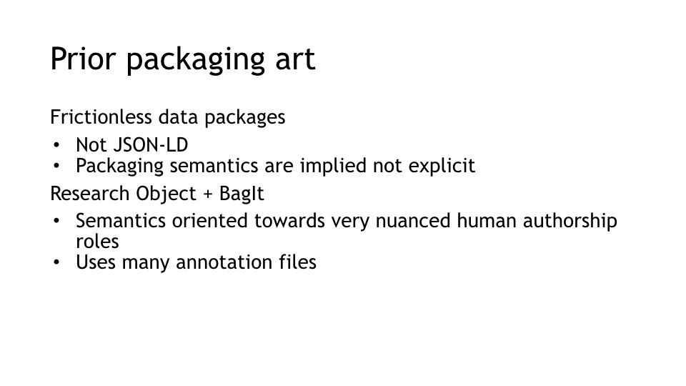 Prior packaging art
Frictionless data packages
Not JSON-LD
Packaging semantics are implied not explicit
Research Object + BagIt
Semantics oriented towards very nuanced human authorship roles
Uses many annotation files
<p>